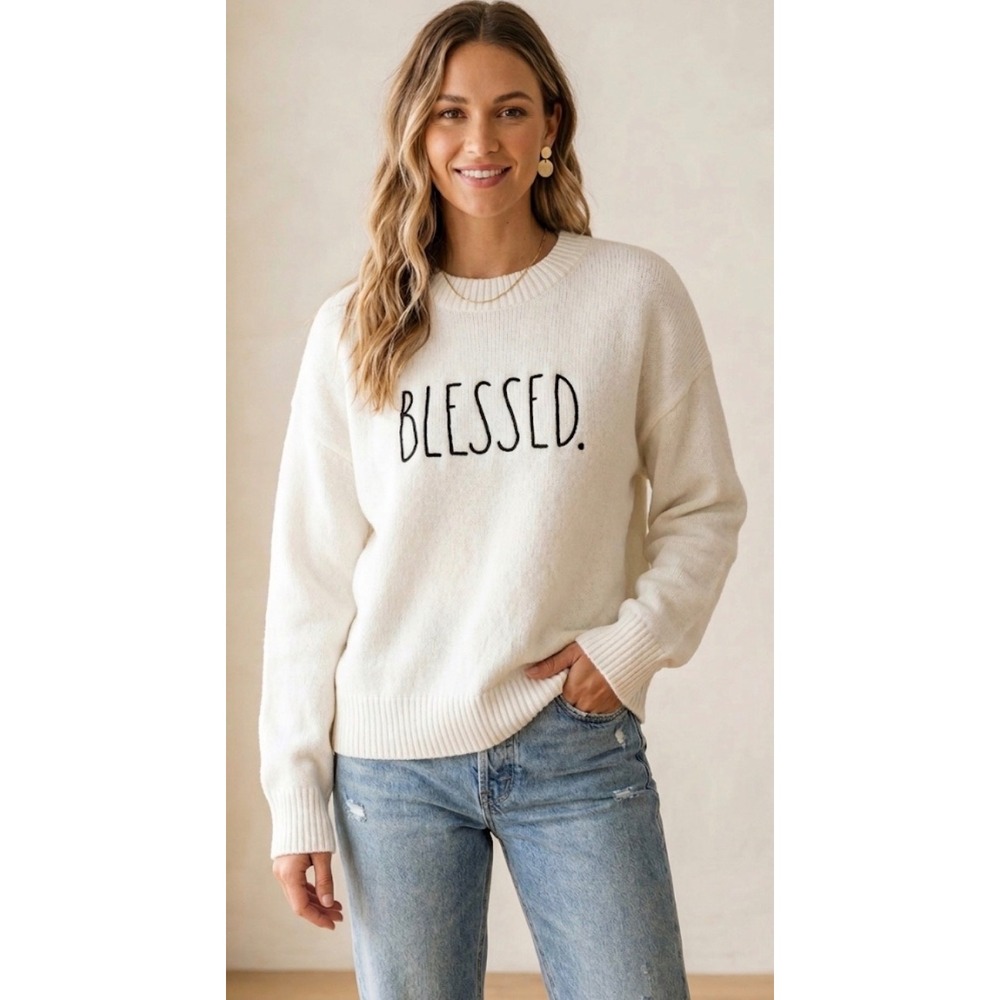 Rae Dunn Blessed Graphic Pullover‎ Sweater Cream White Knit Pullover XL